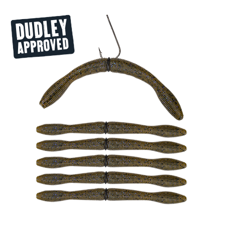Wacky-rig kit: seven olive-green ribbed stick baits on a hook; DUDLEY APPROVED