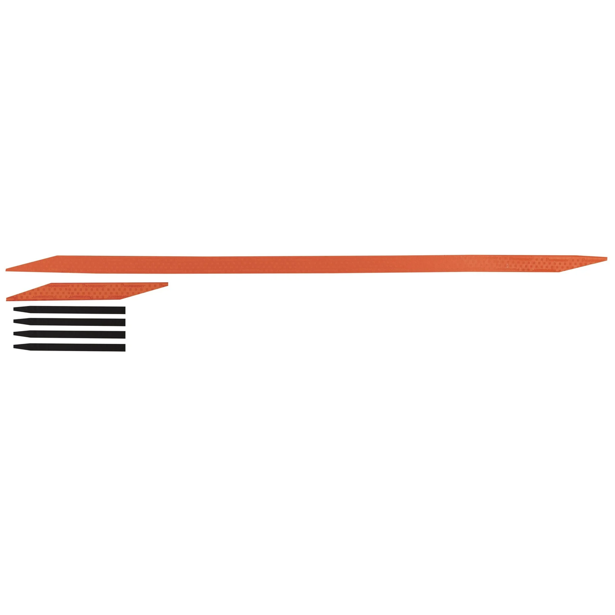 Orange long rod sleeve, small orange pad, and four black plastic stakes on white background