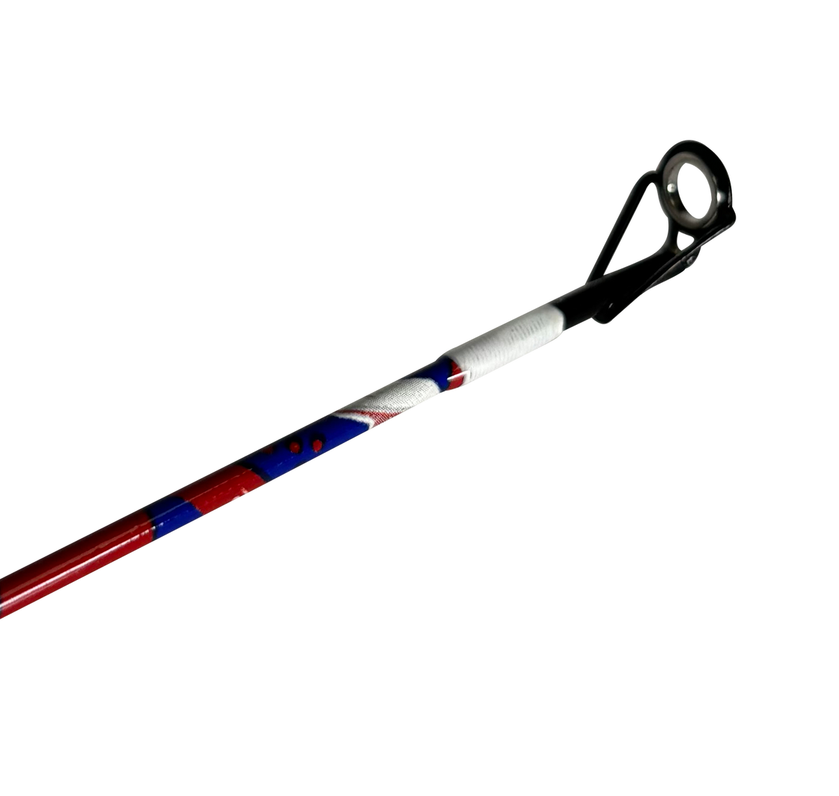 Close-up of Americana Spincast Combo rod tip showcasing red, white and blue wrap and metal line guide on black background
