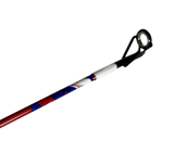 Close-up of Americana Spincast Combo rod tip showcasing red, white and blue wrap and metal line guide on black background