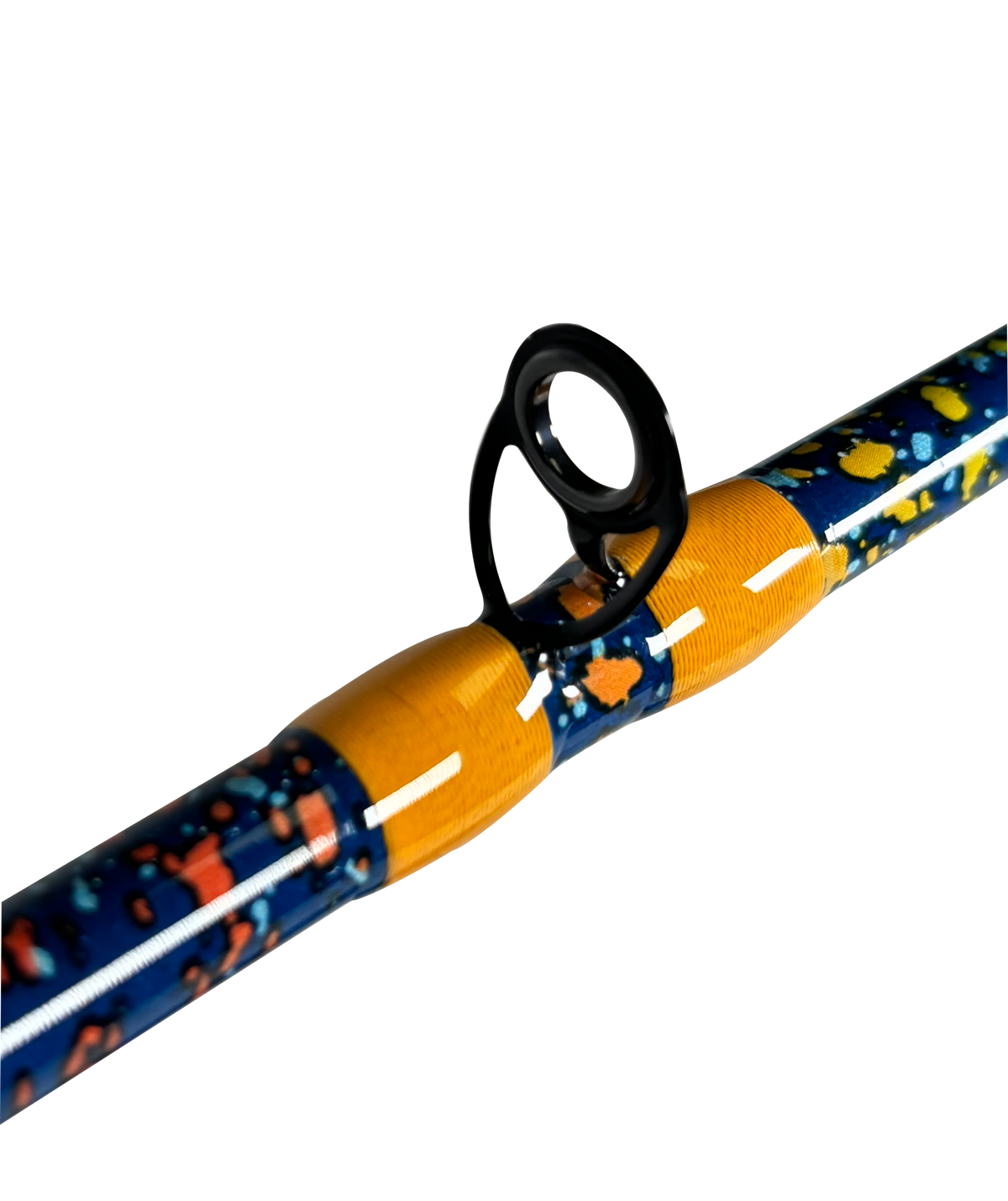 Close-up of baitcasting rod guide with yellow thread wraps on a blue rod blank with orange and yellow splatter finish