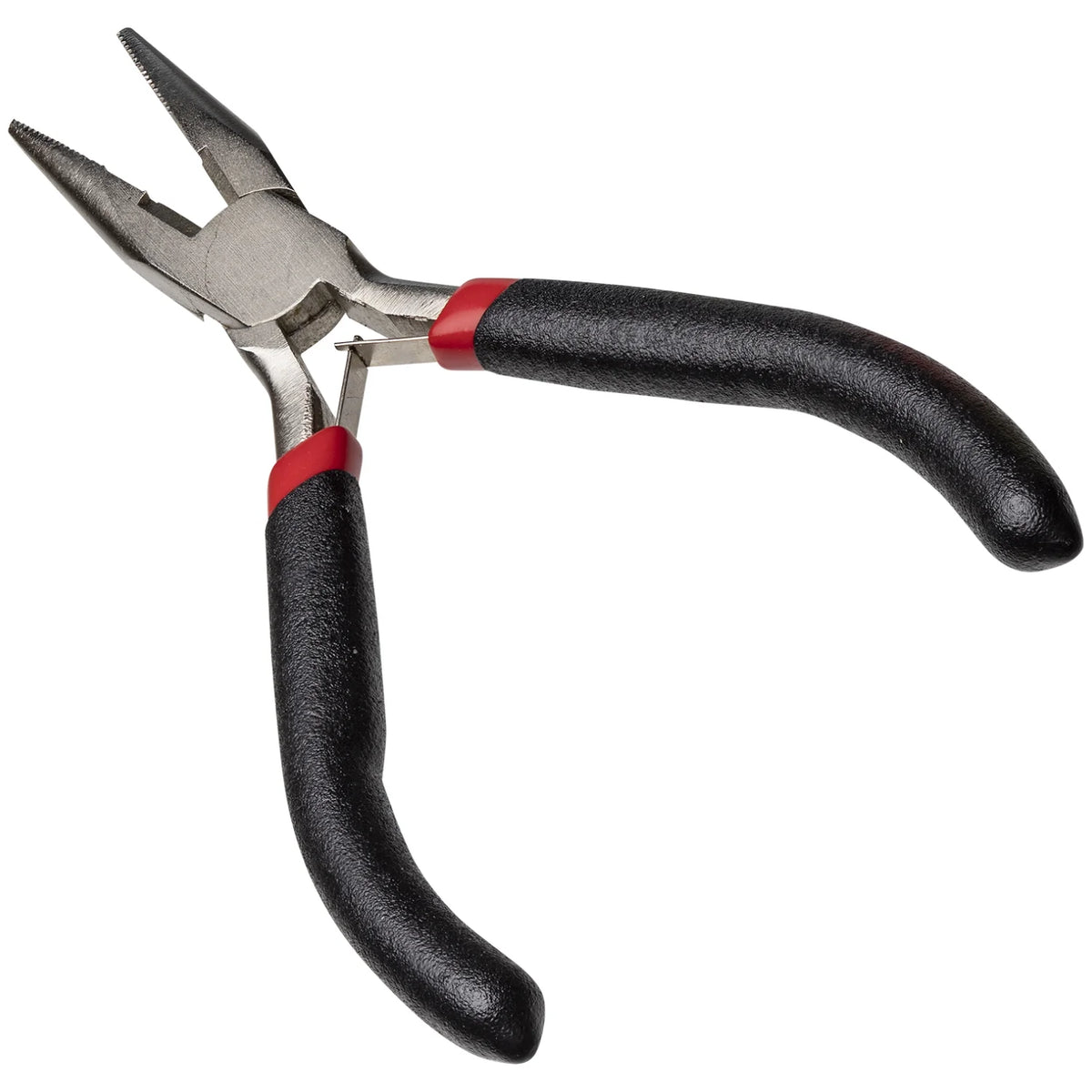 Spring-loaded needle-nose fishing pliers with black textured handles, red accents, and small wire cutter