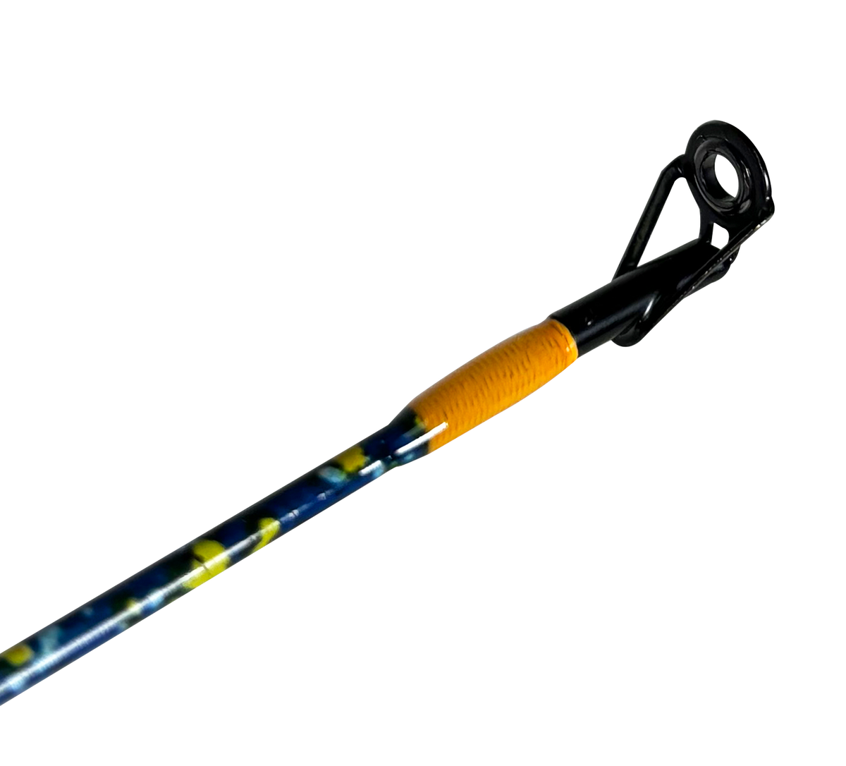 Close up of Profishiency DRIP baitcast rod tip showing aluminum oxide guide and orange handle wrap on black background