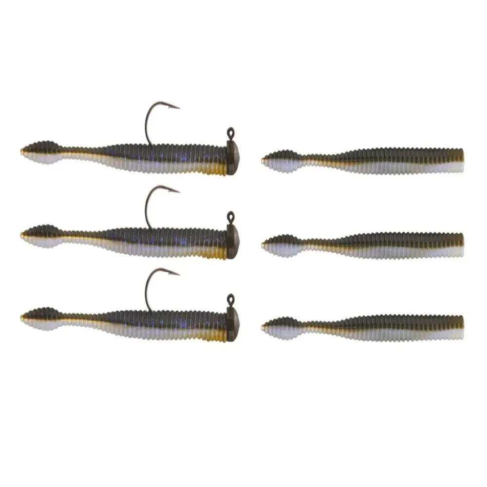 Flat-lay of Dudley's pre-rigged Ned Rig Kit: three 3.25 in worms on 1/8oz heads with hooks and three unrigged on white
