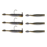 Flat-lay of Dudley's pre-rigged Ned Rig Kit: three 3.25 in worms on 1/8oz heads with hooks and three unrigged on white