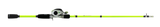 Side view of Profishiency DRIP baitcast combo showing white-speckled baitcasting reel and neon green 7ft rod on white background