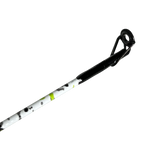 Close-up of Profishiency DRIP baitcast rod tip showcasing the guide ring and white-green speckled blank on black background