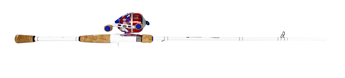 Side view of Profishiency Americana 6' 2-piece spincast combo showing red-and-blue spincast reel on white IM6 graphite rod with cork handles on white background