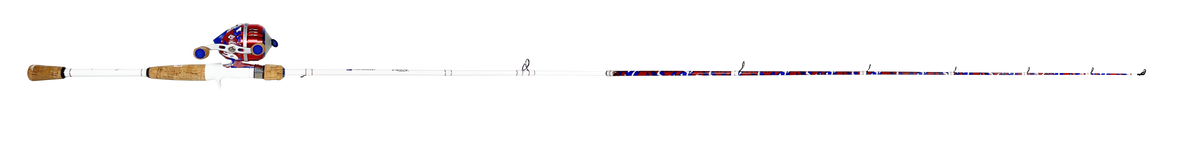Side view of Profishiency Americana 2-piece 6 ft spincast rod and reel combo showcasing red-white-blue reel, cork handle, and white IM6 graphite blank on white background