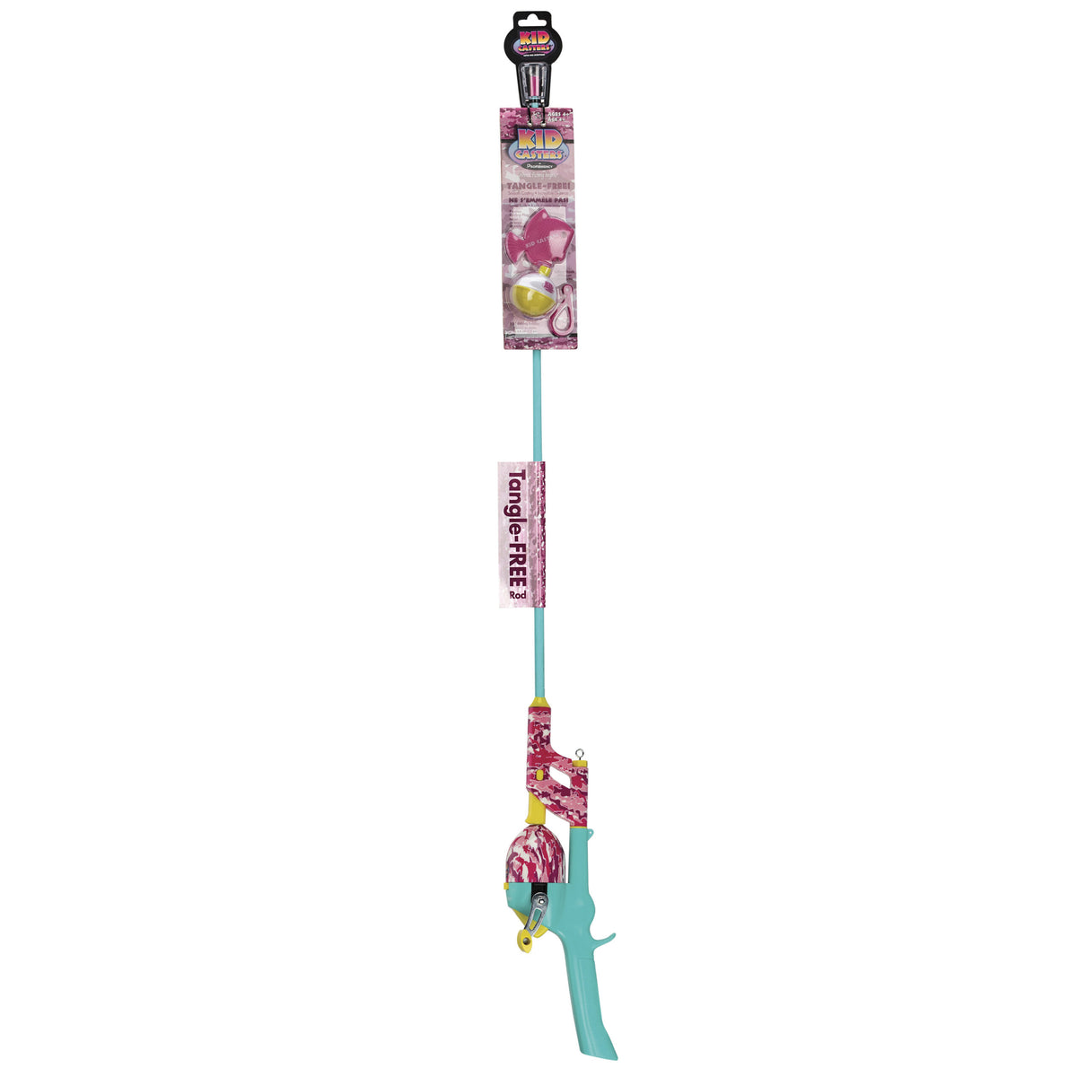 Kid Casters tangle-free kids fishing rod and reel, teal handle with pink camo accents, packaged