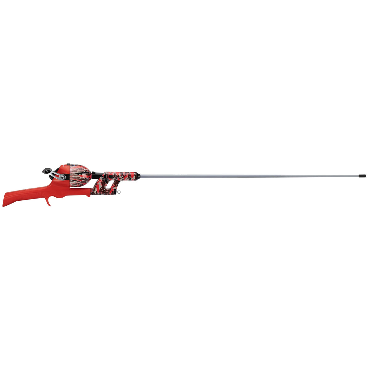 Side view of Kid Casters 34 inch red Tangle-Free rod and reel showing inline shaft and pre-spooled reel on white background