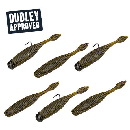 Six green-pumpkin Ned-rig soft-plastic lures with jig heads; DUDLEY APPROVED label