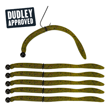 DUDLEY APPROVED green speckled soft-plastic worm baits: seven worms with six weighted jig heads and one curved rig