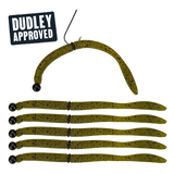 DUDLEY APPROVED green speckled soft-plastic worm baits: seven worms with six weighted jig heads and one curved rig
