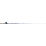 Side view of Profishiency Krazy Kool 7' baitcast rod with low-profile reel, cork grips and blue blank on white background