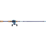 Side view of Profishiency Krazy Kool baitcast combo showing blue 7' rod with cork grips and low-profile blue reel