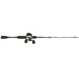 Krazy Next Gen baitcasting rod and reel with black EVA handles, dual-paddle reel grips and multicolor camo rod blank