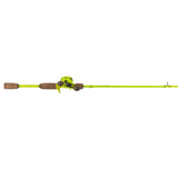 Side view of Profishiency Next Gen Flash baitcast combo, neon yellow rod with cork grips and low-profile reel on white