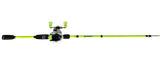 Top view of Profishiency DRIP baitcast combo, white and neon green rod with baitcasting reel and foam grips on white