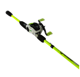 Angled view of DRIP baitcast combo with white-and-green speckled reel and neon green rod on plain background