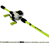 Angled view of Profishiency DRIP baitcast combo with white speckled reel and neon green 7ft rod on black background