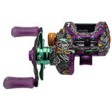 Krazy 3 baitcasting reel with purple and teal graffiti finish and FISH graphic, double paddle handles.