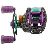 Top view of Profishiency Krazy 3 baitcast reel with graffiti finish, purple-teal spool and dual purple knobs on white