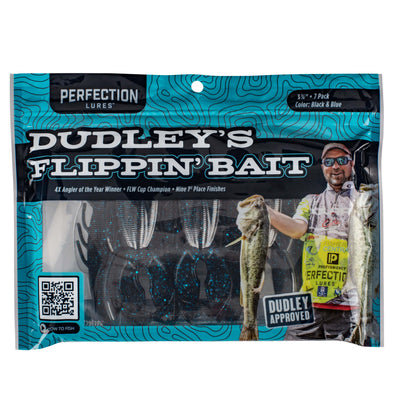 Perfection Lures packaging: DUDLEY'S FLIPPIN' BAIT — Color: Black & Blue — DUDLEY APPROVED; HOW TO FISH