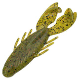 Soft-plastic watermelon-red flipping bait with ribbed body, split claws, black squares and red glitter flakes.