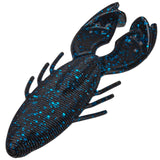 Black soft-plastic flipping bait shaped like a crawfish with bright blue glitter flakes