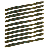 Top-down of Dudley's Finesse Worm soft baits showing ribbed tapered bodies and green pumpkin blue fleck on white