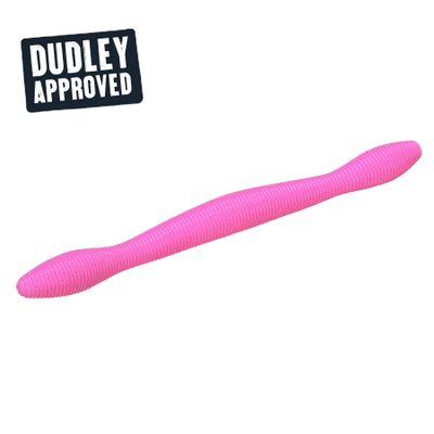 Front view of Perfection Lures Dudley's Wacky Worm 5.75-inch 8-pack showcasing green pumpkin soft plastic worms and angler photo