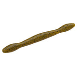 Ribbed green-pumpkin wackyworm soft-plastic fishing lure with black flecks, tapered ends