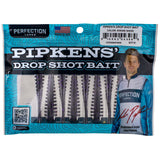 Front of pack: Pipkens' Drop Shot Bait, Smoke Show, with eight purple-speckled 3.75 inch baits in Perfection Lures packaging