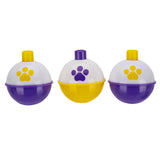Three yellow-and-purple round fishing bobbers with paw-print decals (child-sized)
