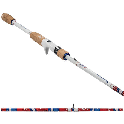 Diagonal view of Krazy Americana casting rod showing white graphite blank, cork grips and red-white-blue patterned section