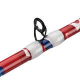 Close-up of Profishiency Krazy Americana casting rod showcasing a black guide and red, white, and blue thread wraps on white