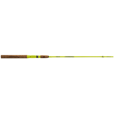 Angled close-up of Profishiency Flash spinning rod showcasing cork pistol-grip handle and lime-green blank on white