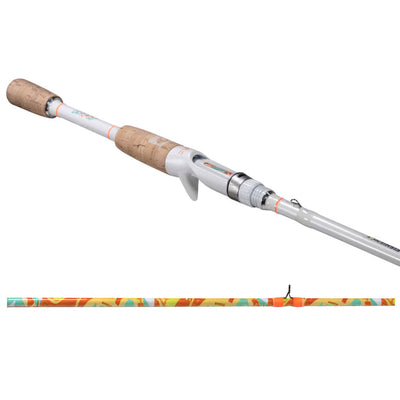 White baitcasting rod with cork handle and trigger reel seat, colorful patterned lower blank
