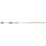 White baitcast fishing rod with cork split-grip handles, white reel seat and orange floral-patterned blank