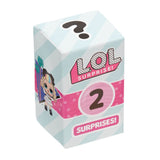 Three-quarter view of L.O.L. Surprise blind box showing large pink '2' circle, 'Surprises!' banner and question-mark on top on white background