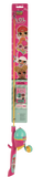 Front view of LOL Surprise youth fishing pole showcasing pink-and-teal pre-spooled spincast reel, large ergonomic knob, and character packaging