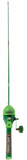 Full-length view of Profishiency Minecraft youth fishing pole showcasing green color, branded handle graphic, ergonomic kid-friendly reel and single-button cast knob on a light background
