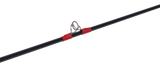 Close-up of Monster Jam youth fishing pole showing stainless-steel line guide and red thread wraps on black rod against white background