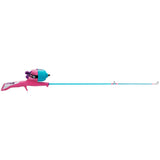 Side view of My Little Pony youth fishing pole, pink and teal, pre spooled reel and push button handle on white background
