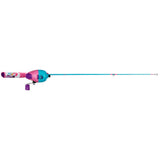 Side view of Profishiency My Little Pony youth fishing pole showcasing pink and teal rod with push-button reel and pony character graphics on white background