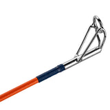 Chrome tip-top guide on orange fishing rod blank with blue thread wraps
