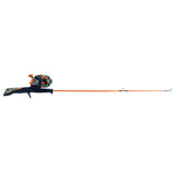 Orange youth fishing rod with closed-face reel, camo accents and trigger-style handle, side view