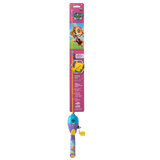 Full-length front view of Paw Patrol girls youth fishing pole, 29.5-inch, showing Skye packaging, push-button reel, pre-spooled line and practice casting plug on white background