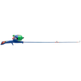 Blue youth fishing rod with green PJ Masks reel and character graphics, trigger grip (side view)